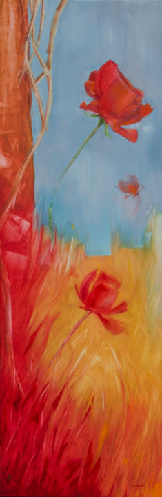 Painting titled "fleurs-rouges" by Marc Vuillermoz, Original Artwork, Oil