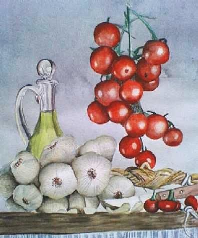 Painting titled "Tomates et ail" by Marc Petremann, Original Artwork, Oil