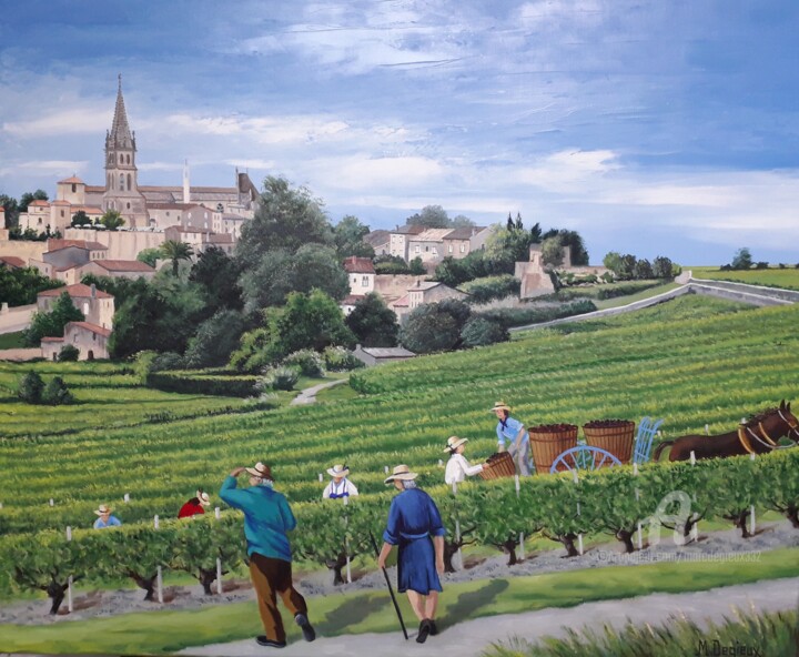 Pittura intitolato "Vendanges d'antan à…" da Marc Degieux, Opera d'arte originale, Olio