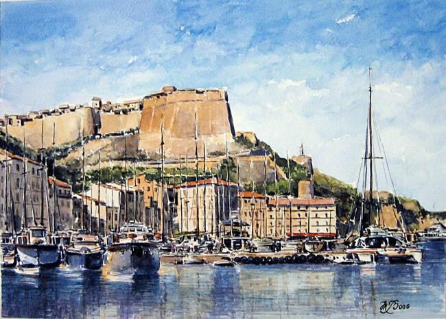 Schilderij getiteld "Bonifacio : le port…" door Marcel Boos, Origineel Kunstwerk