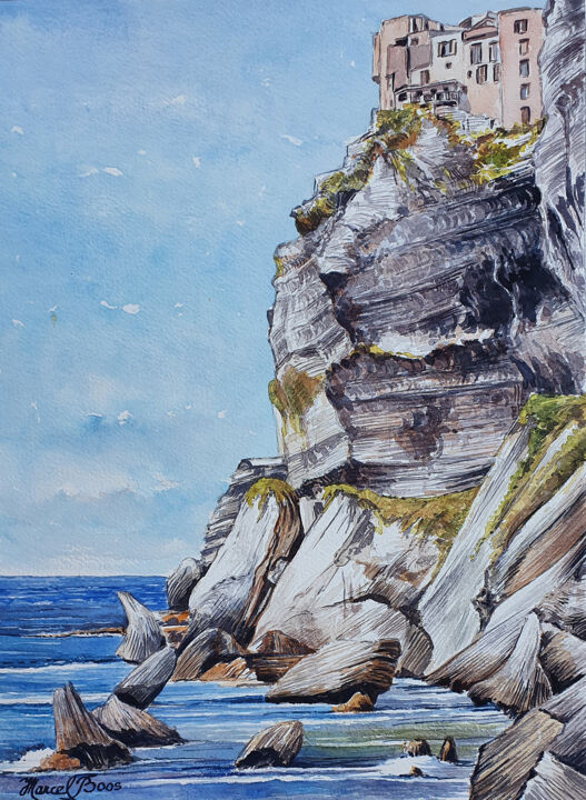 Schilderij getiteld "Vue de Bonifacio" door Marcel Boos, Origineel Kunstwerk, Aquarel