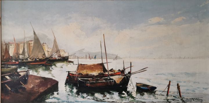 Painting titled "Bateaux en rade" by Marcel Catelein, Original Artwork, Oil