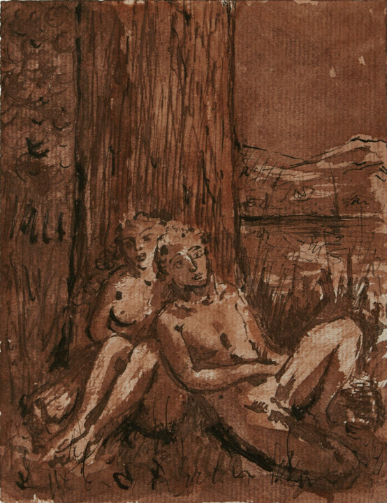 Drawing titled "Scène champêtre" by Marcel Mariono, Original Artwork, Ink