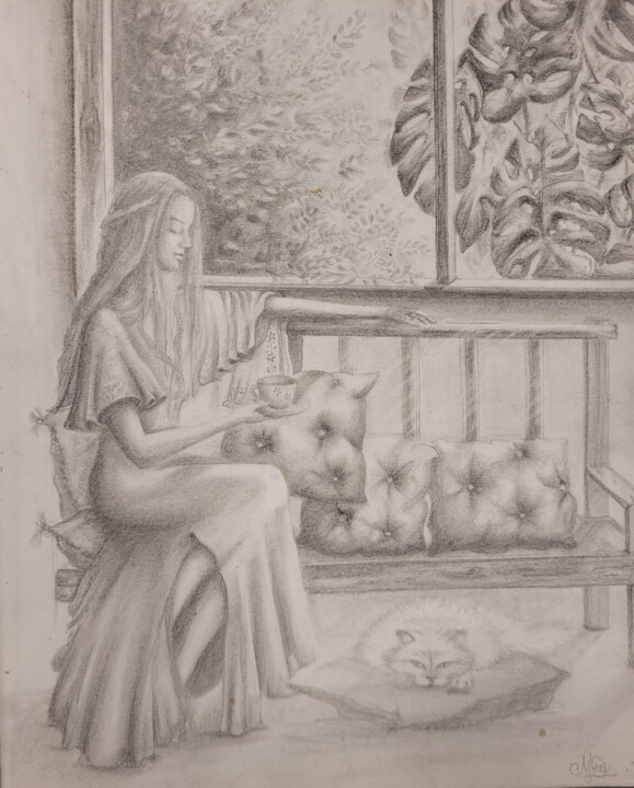 Drawing titled "La chica y el gato" by Marcela Leon, Original Artwork, Charcoal Mounted on Wood Panel