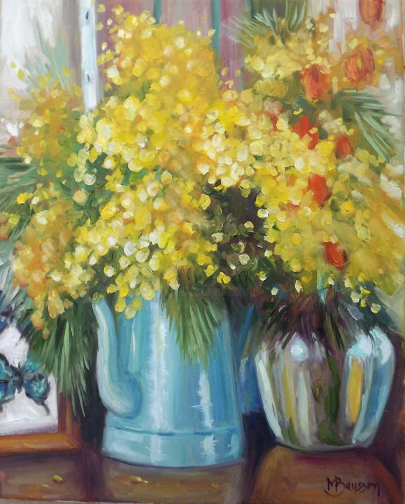 Painting titled "Mimosas et Amour en…" by Marcela Bausson, Original Artwork, Oil