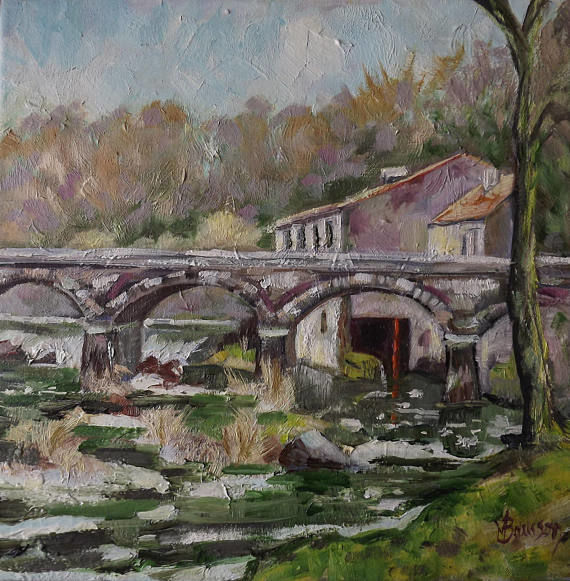Painting titled "Pont de Rochard, Fr…" by Marcela Bausson, Original Artwork, Oil