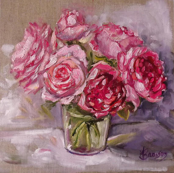 Painting titled "Les roses du jardin" by Marcela Bausson, Original Artwork, Oil