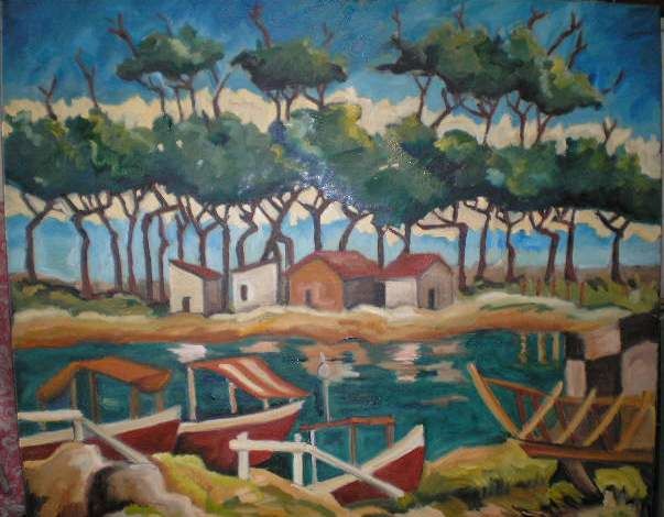 Painting titled "Barcas en el arroyo" by Marcela Corti, Original Artwork, Oil