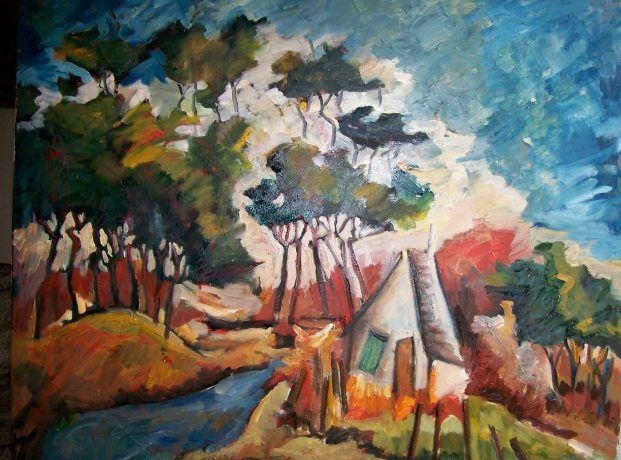 Painting titled "casas en el arroyo" by Marcela Corti, Original Artwork, Oil