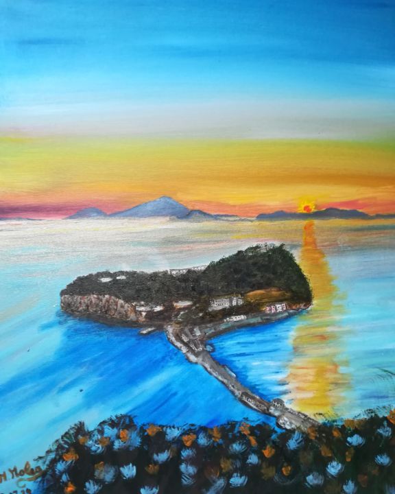 Painting titled "Nisida al tramonto" by Marcella Molea, Original Artwork, Oil