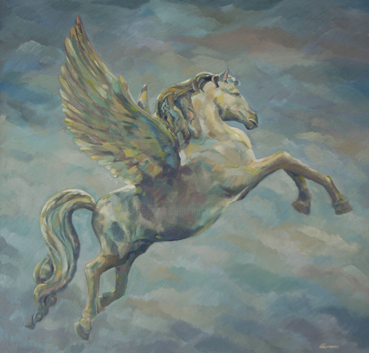 Painting titled "Pegasus" by Marcello Carrozzini, Original Artwork, Oil Mounted on Wood Stretcher frame