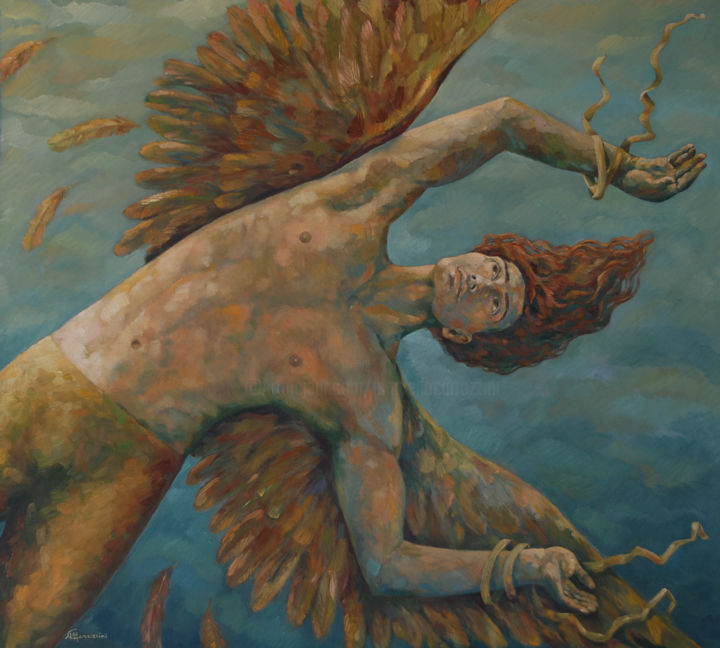 Painting titled "Icarus" by Marcello Carrozzini, Original Artwork, Oil Mounted on Wood Stretcher frame
