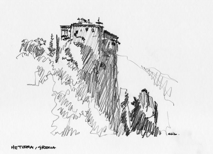 Dibujo titulada "Meteora, Grecia 04" por Marcelo Leyria, Obra de arte original, Lápiz