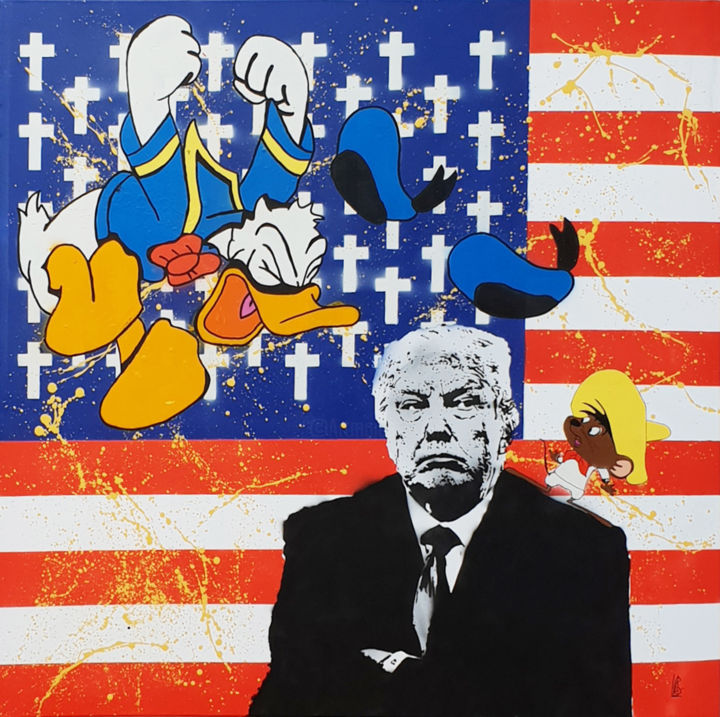 Pittura intitolato "Angry Donald" da Elekt-Ron_popstreetartist, Opera d'arte originale, Stampino Montato su Telaio per barel…