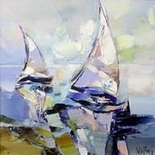 Painting titled "Boats- morning" by Marchell Yameliev, Original Artwork