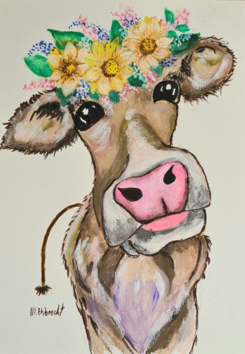 Malerei mit dem Titel "Fröhliche Kuh" von Marcia Ehbrecht, Original-Kunstwerk, Aquarell