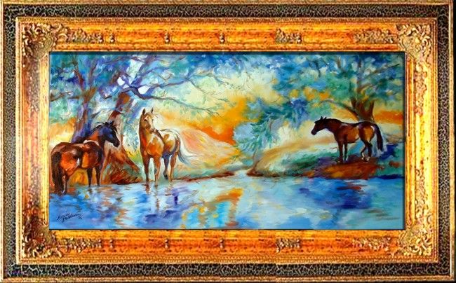 Painting titled "HORSES @ POND" by Marcia Baldwin, Original Artwork