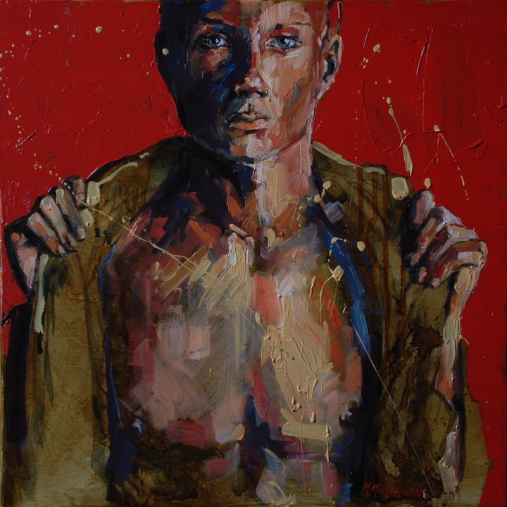 Painting titled "IN RED" by Marcin Mikołajczak, Original Artwork, Oil