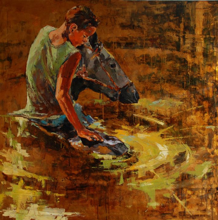 Painting titled ""Boy bathing a hors…" by Marcin Mikołajczak, Original Artwork, Oil