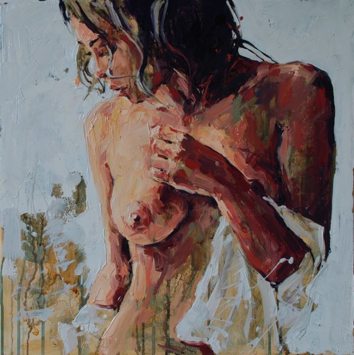 Painting titled "GIRL IN SHIRT" by Marcin Mikołajczak, Original Artwork, Oil