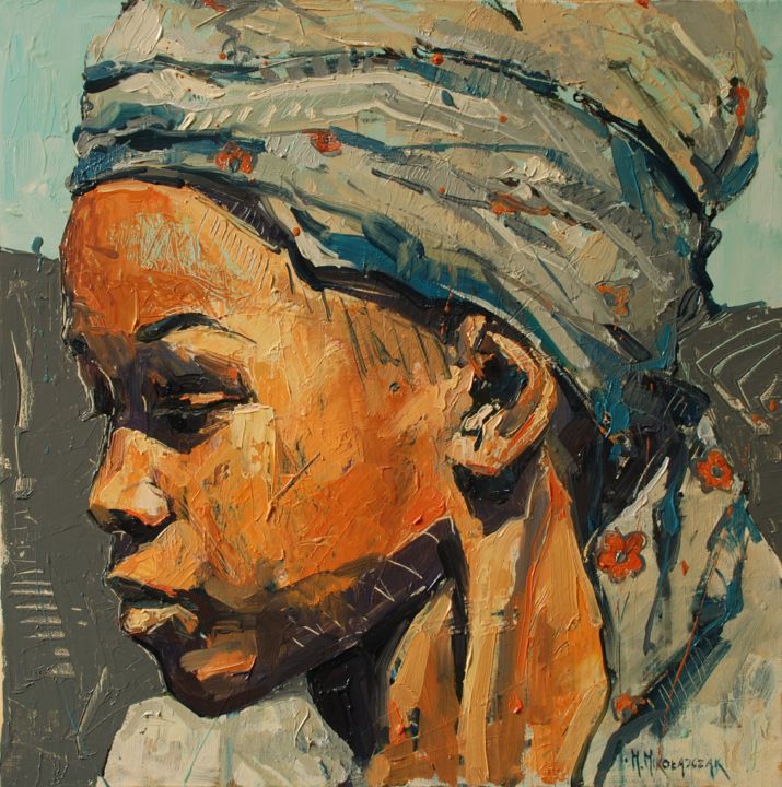 「Girl in headkerchief」というタイトルの絵画 Marcin Mikołajczakによって, オリジナルのアートワーク, オイル