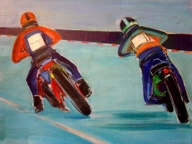 Painting titled "MOTO: LE VIRAGE" by Marc Levy, Original Artwork