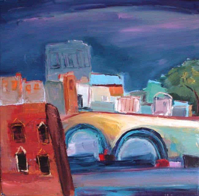 Painting titled "pont a venise" by Marc Levy, Original Artwork, Oil Mounted on Wood Stretcher frame