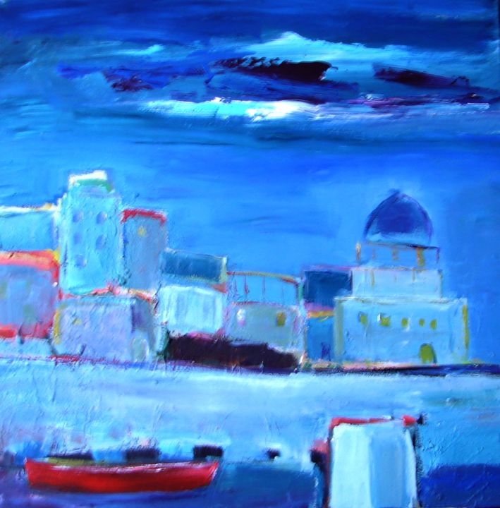 Painting titled "port le soir" by Marc Levy, Original Artwork, Oil