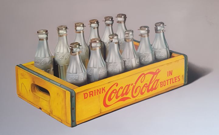 Painting titled "Silver coke Bottles…" by Marco Amore, Original Artwork, Oil Mounted on Wood Stretcher frame