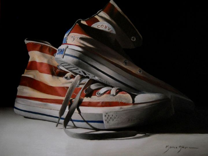 Painting titled "Converse" by Marco Amore, Original Artwork, Oil Mounted on Wood Stretcher frame