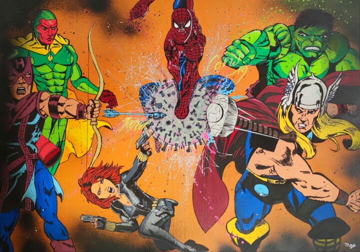 Schilderij getiteld "Avengers VS COVID-19" door Marco Andreani-Durieux (M.A-D), Origineel Kunstwerk, Acryl Gemonteerd op Fra…