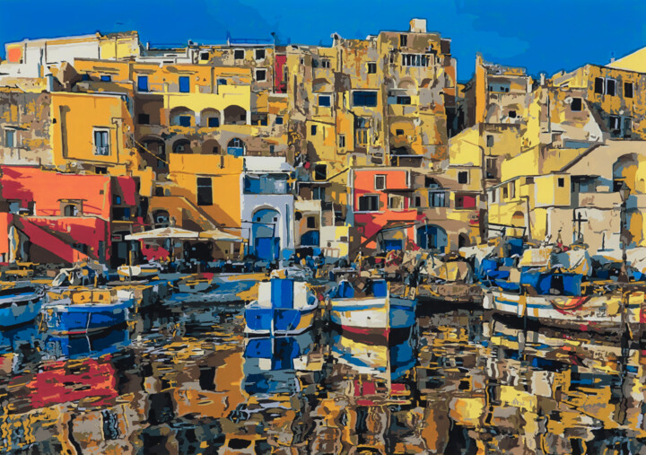 Painting titled "Procida" by Marco Barberio, Original Artwork, Acrylic Mounted on Wood Stretcher frame