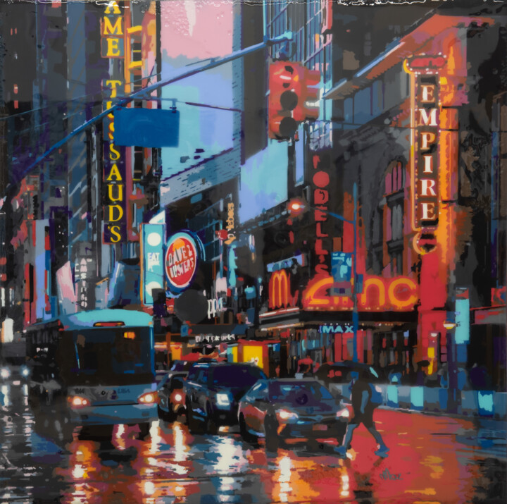 Pintura titulada "Rainy New York Stre…" por Marco Barberio, Obra de arte original, Acrílico Montado en Bastidor de camilla d…
