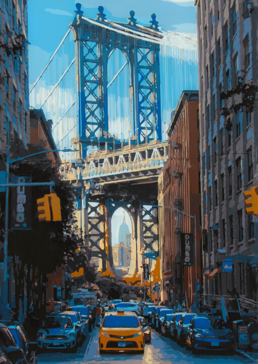 Painting titled "Dumbo New York City" by Marco Barberio, Original Artwork, Acrylic Mounted on Wood Stretcher frame