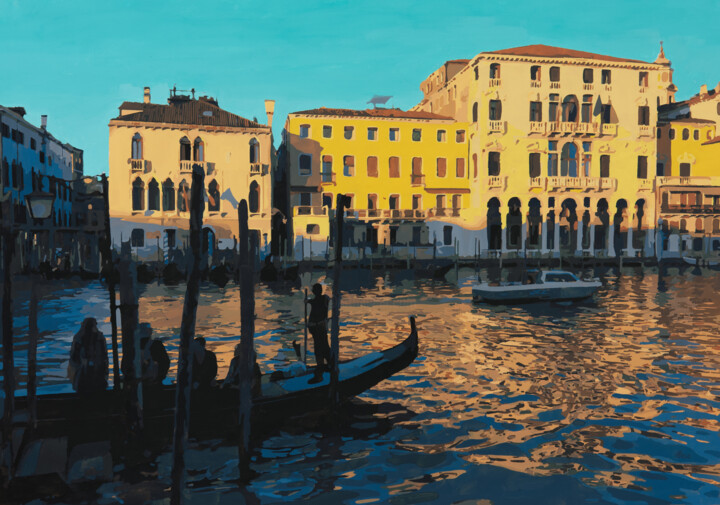 Painting titled "Golden Venice under…" by Marco Barberio, Original Artwork, Acrylic Mounted on Wood Stretcher frame