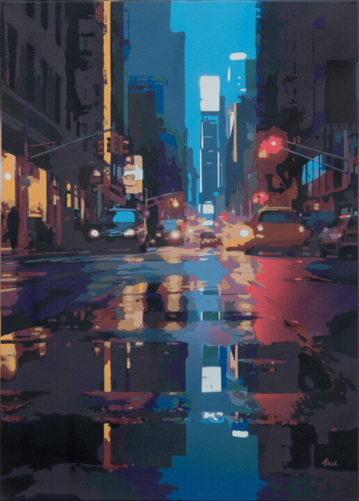 Painting titled "New York City Rain…" by Marco Barberio, Original Artwork, Spray paint Mounted on Wood Stretcher frame