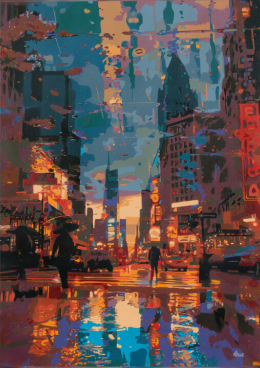 Painting titled "Dystopian New York…" by Marco Barberio, Original Artwork, Spray paint Mounted on Wood Stretcher frame