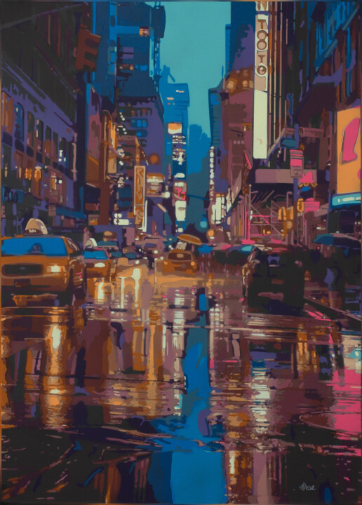 Painting titled "New York City Rain…" by Marco Barberio, Original Artwork, Spray paint Mounted on Wood Stretcher frame