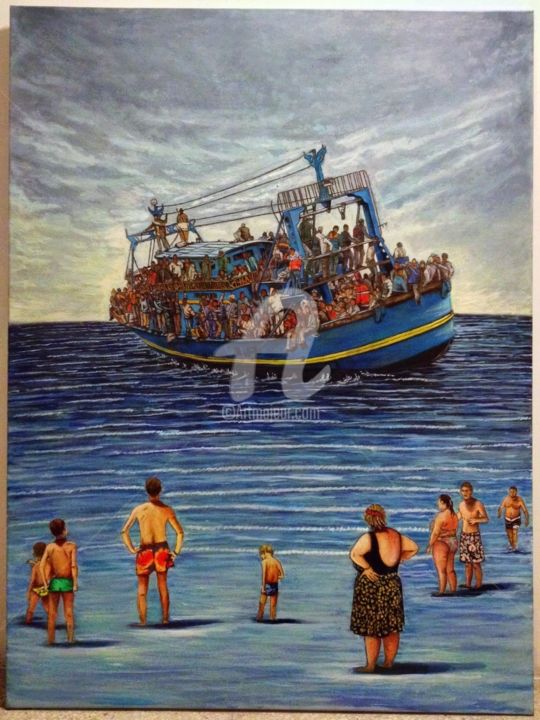 Painting titled "Lo sbarco" by Marco Bonina, Original Artwork, Oil