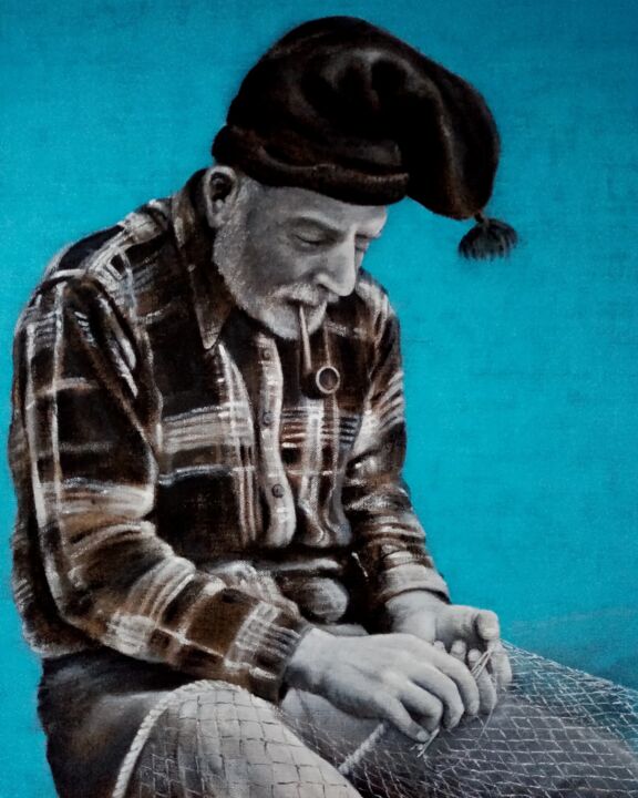 Ζωγραφική με τίτλο "Old Fisherman" από Marco Castiço, Αυθεντικά έργα τέχνης, Ακρυλικό