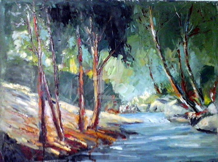 Painting titled "torrente-nel-bosco.…" by Marco Cattaneo, Original Artwork, Oil