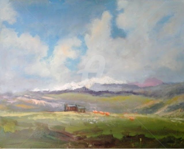 Painting titled "Alpeggi di montagna…" by Marco Cattaneo, Original Artwork, Oil