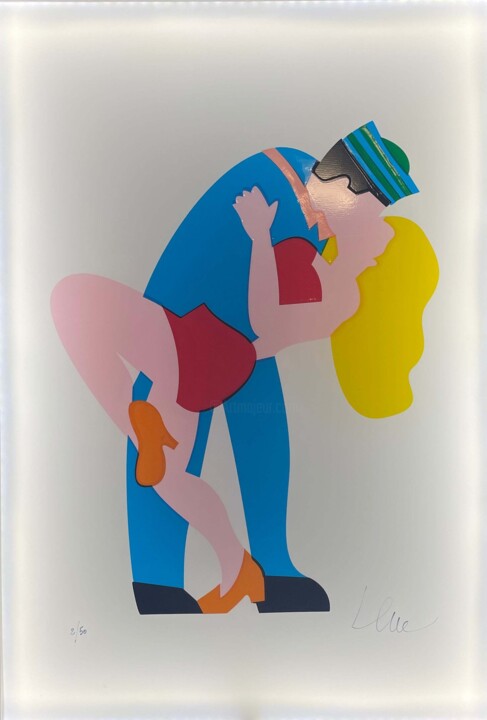 Druckgrafik mit dem Titel "Bacio a Time Square" von Marco Lodola, Original-Kunstwerk, Siebdruck Auf Karton montiert