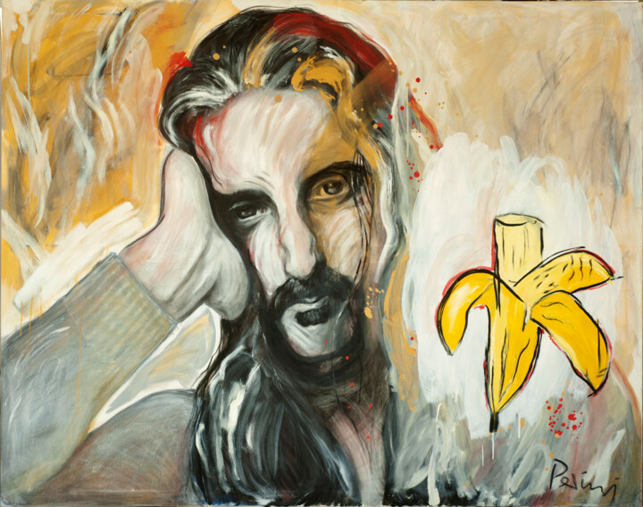 Malerei mit dem Titel "Frank Zappa_2" von Marco Perini, Original-Kunstwerk, Öl Auf Keilrahmen aus Holz montiert