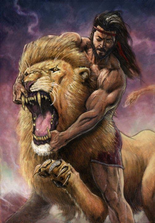 Painting titled "Samson and the lion" by Marco Russo, Original Artwork, Acrylic