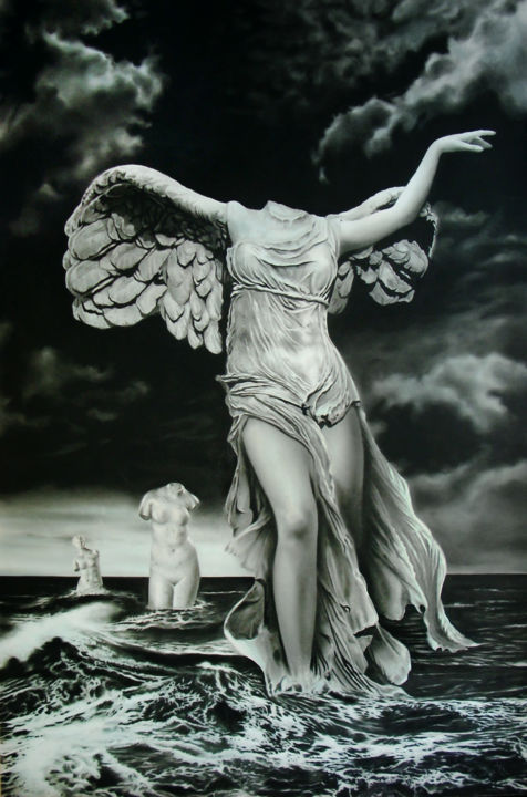 Disegno intitolato "NIKE LIBERATA" da Marco Tidu, Opera d'arte originale, Carbone