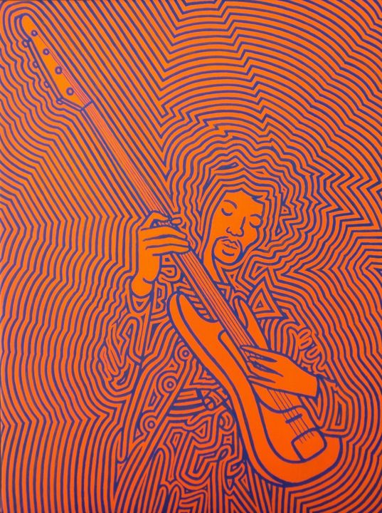 Pittura intitolato "Jimi Hendrix suona…" da Marco Ugoni, Opera d'arte originale, Acrilico Montato su Telaio per barella in l…