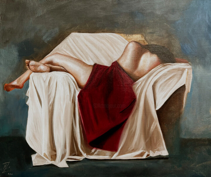 Painting titled "Mujer dormida" by Marco Zamudio, Original Artwork, Oil Mounted on Wood Panel