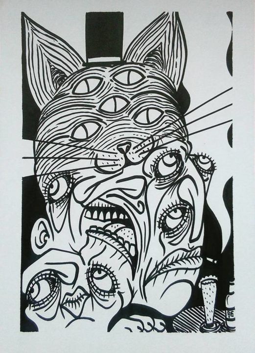 Disegno intitolato "CAT-a-FRA-tTO al pub" da Marco Cirulli, Opera d'arte originale, Pennarello