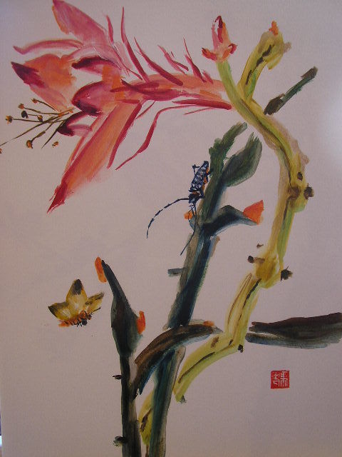 Painting titled "Fleur  papillon et…" by Marcoh, Original Artwork